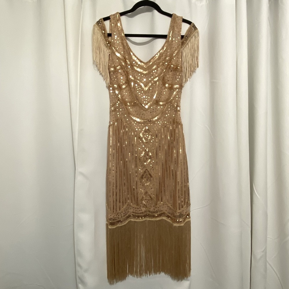 Gold Sequin Fringe Evening Dress - Elegant Women's Cocktail Dress